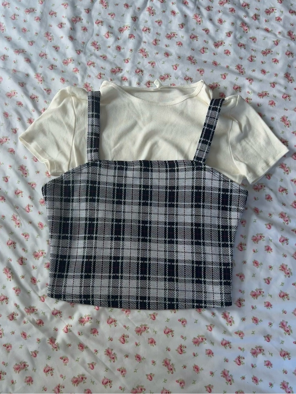 Black & White Plaid Cami Layered Over Cream Tee